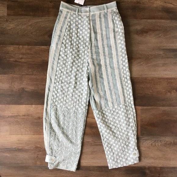 NWOT Zara Embroidered Pants Eyelet Patchwork Blue Seafoam Floral Gauze HiRise XS - Picture 4 of 13